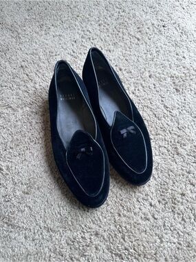 Stuart Weitzman Black Velvet Pointed Loafers with Bow